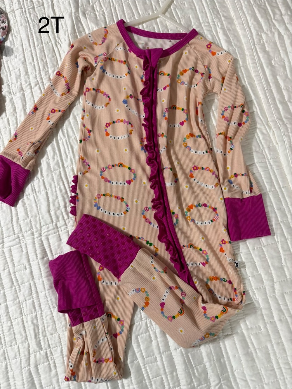 BAMBOO Pink Ruffle-Trim Footed Pajama Set with Multicolor Bead Rings